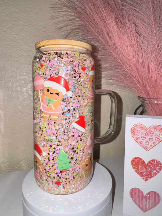 Pastel Gingerbread Glitter 20oz Glass w/ Handle