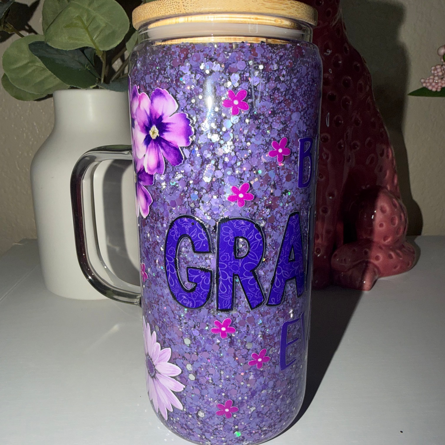 20oz Glass Handle Purple Grandma Cup