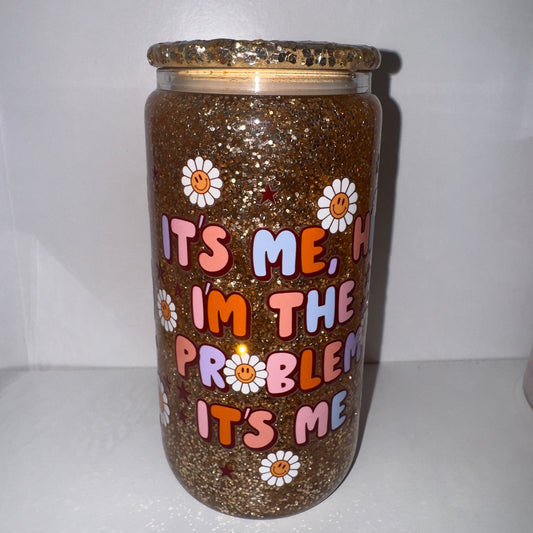 16oz Glass Gold Glitter W/ Custom Lid