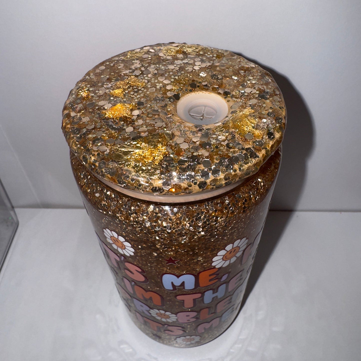 16oz Glass Gold Glitter W/ Custom Lid